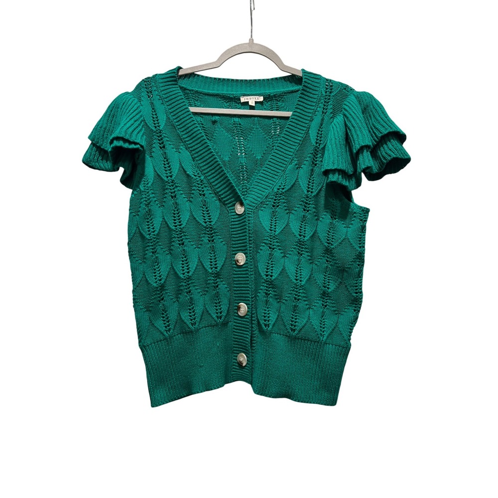 JODIFL Green Cable Knit Ruffle Sleeve V Neck Button Front Cardigan Sweater Top